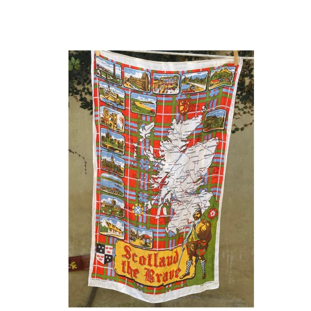 Vintage Scotland the Brave Linen Tea Towel Map Tartan Souvenir 18x30 1970s